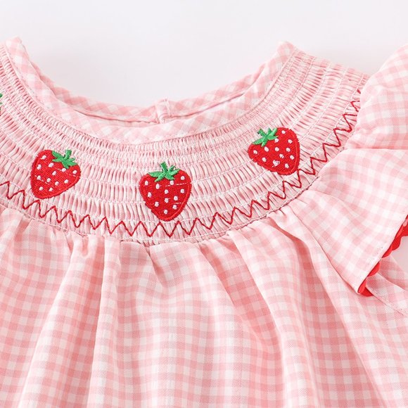 Hand Smocked Flower Embroidered Dress in Strawberry